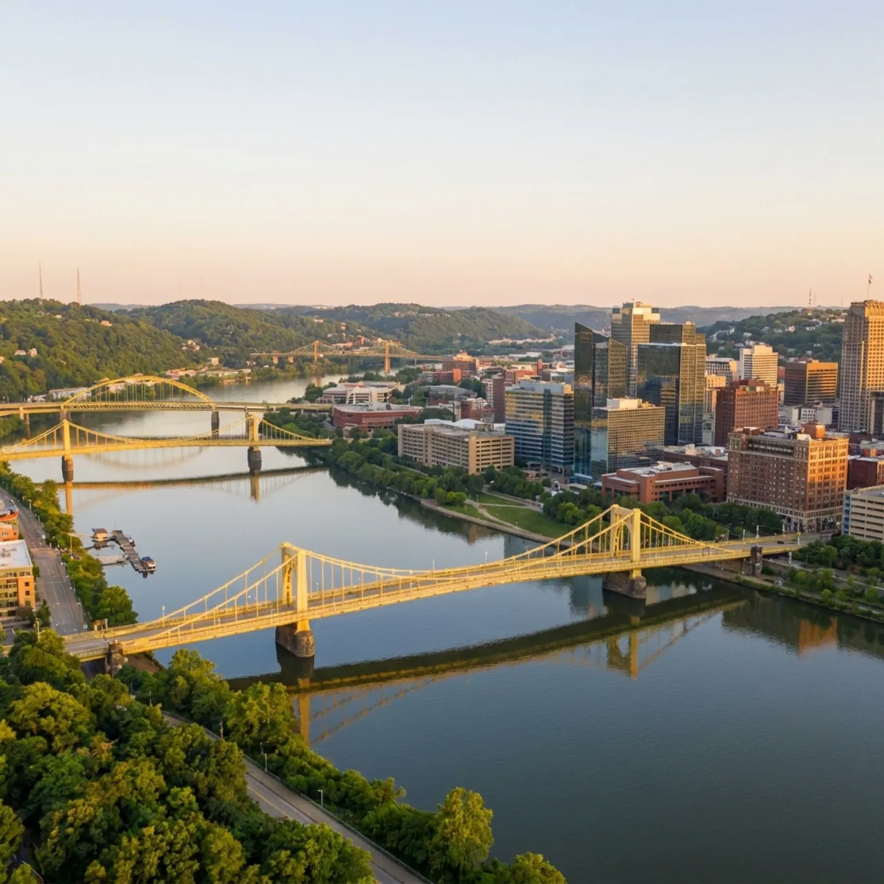 Downtown Pittsburgh, Pennsylvania skyline, the three rivers and bridges at golden hour