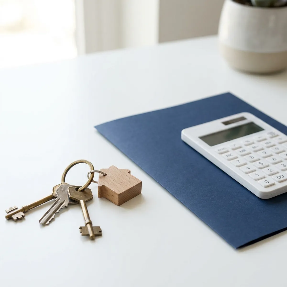 House keys, a lease folder and a small model house on a landlord's desk