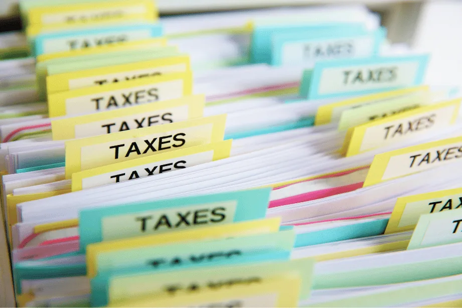 Rows of file folders with yellow TAXES tabs, organized for a small business return